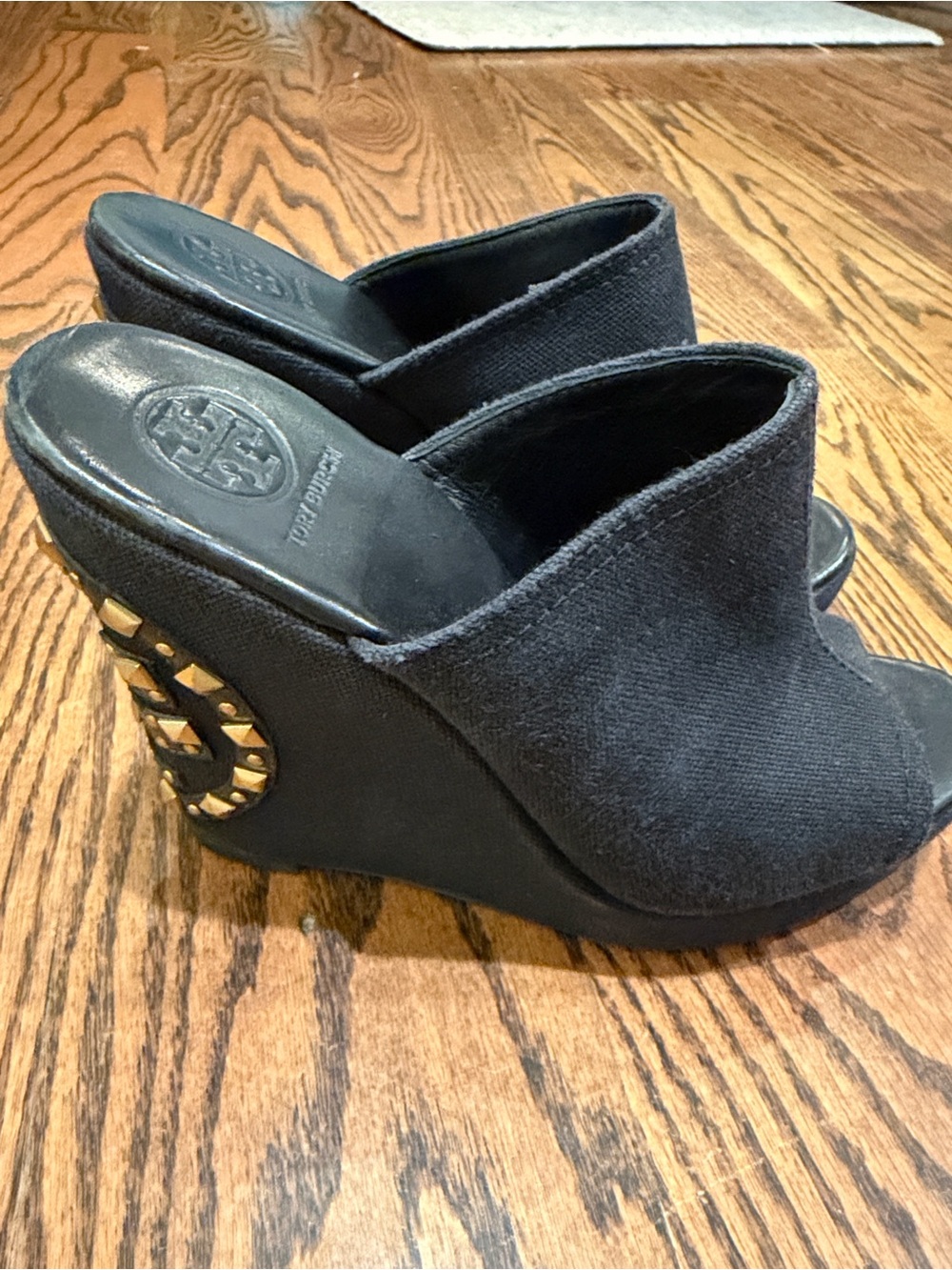Tory Burch Black Wedge Mule with Gold Logo Studs